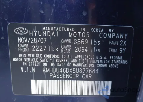 2008 Hyundai Elantra Gls/Se from USA, damaged, VIN KMHDU46DX8U377684